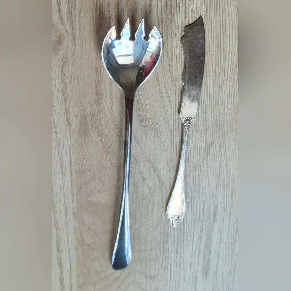 Vintage Silverplate Serving Salad Fork&Antique 1911 Silver Rose Butter Knife